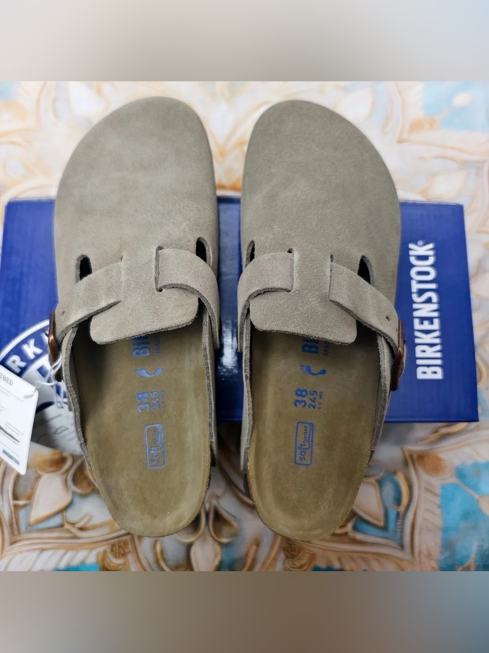 Birkenstock Boston taupe suede mule clogs